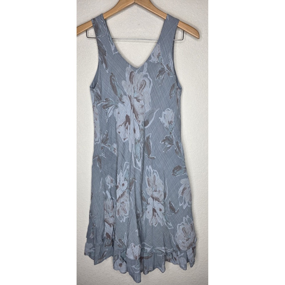 Nora Dress Blue Gray Floral Print Italy Made Woman S/M Cotton Cottage Flowy